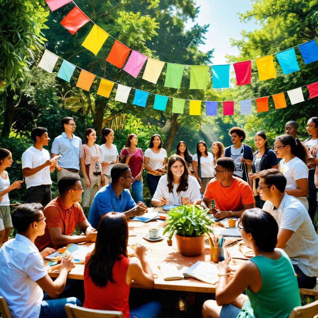 A vibrant gathering of diverse individuals engaged in a dynamic conversation, surrounded by colorful banners representing various passions and hobbies. The scene exudes energy and enthusiasm, with people enthusiastically sharing ideas and creativity. Include elements like art supplies, musical instruments, and books to symbolize different interests. Bright sunlight filtering through lush greenery adds warmth to the atmosphere. super-realistic. vibrant colors. outdoor setting.