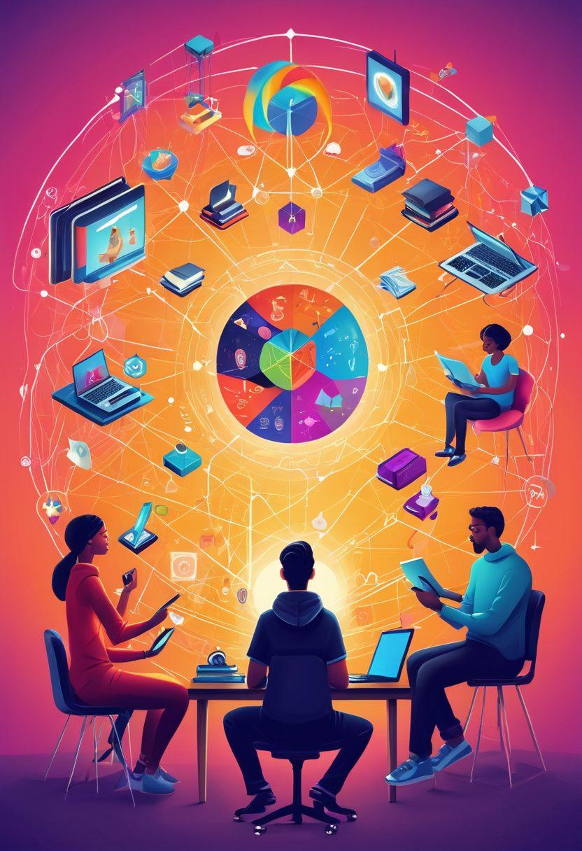 A vibrant digital illustration showcasing a diverse group of people engaged in various hobbies and activities, symbolizing a rich community of enthusiasts. Include elements like books, tech gadgets, and art supplies to represent a broad spectrum of interests. The background should feature a network-like structure with interconnected nodes, highlighting the concept of a hub. The overall color palette should be bright and inviting. vector art. vibrant colors.