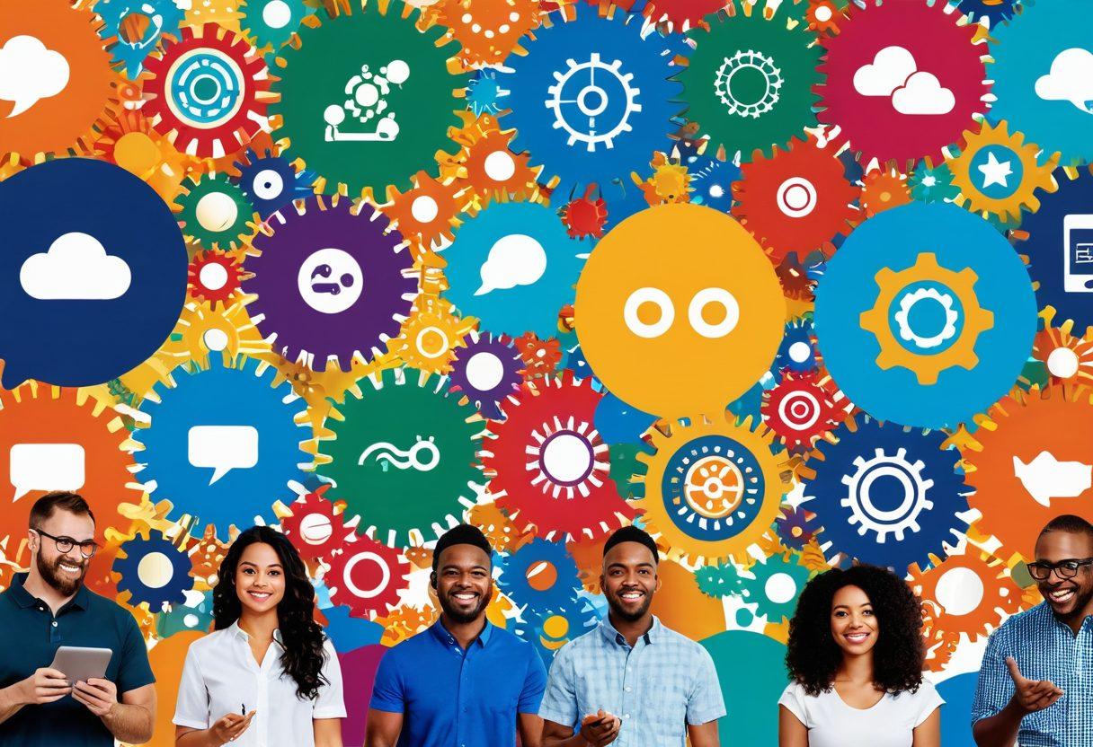 A vibrant collage illustrating a diverse group of enthusiasts engaged in various activities such as discussing, sharing resources, and collaborating on projects. Include elements representing technology, creativity, and teamwork, with a background of interconnected gears symbolizing community unity. Add colorful speech bubbles to emphasize communication and interaction. The overall feel should be energetic and inviting. super-realistic. vibrant colors. 3D.